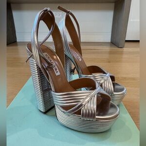 Aquazzura Sundance Metallic Silver Ribbed Platform Sandals 36.5